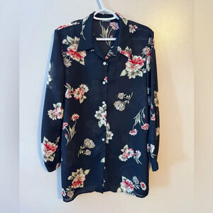 Vintage Womens Floral Iridescent Pearl Button Up Tunic Top Black Red White Sheer